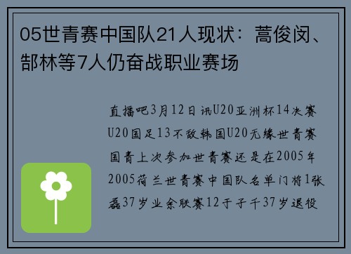 05世青赛中国队21人现状：蒿俊闵、郜林等7人仍奋战职业赛场
